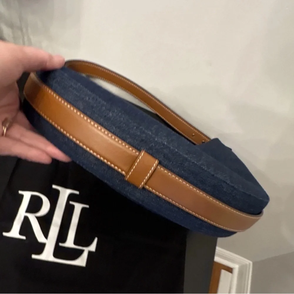 Lauren Ralph Lauren Denim Crescent Shoulder Bag with Tan Leather Trim - Picture 3 of 8